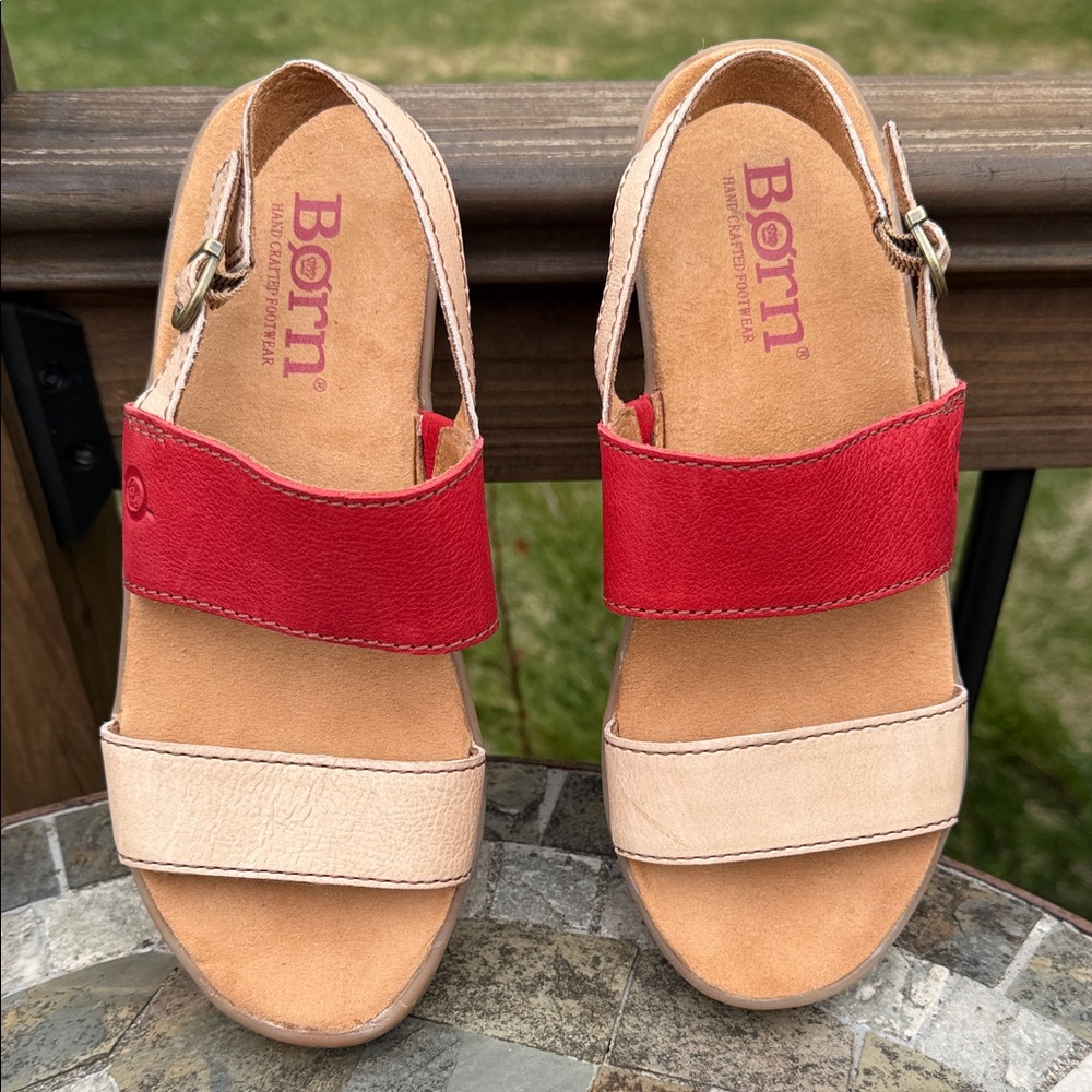 Born Women's Red and Beige Slingback Sandals Size 8 genuine leather Upper